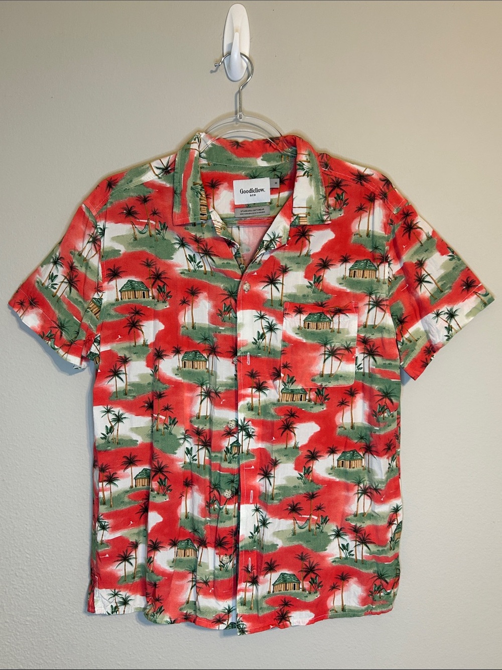 Goodfellow & Co Tropical Palm Tree Rayon Button‑Up Shirt Pink Green Size M